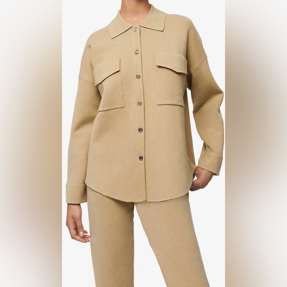 Maje Mimisal Knit Overshirt Jacket Beige Wool Blend Oversized Button Front